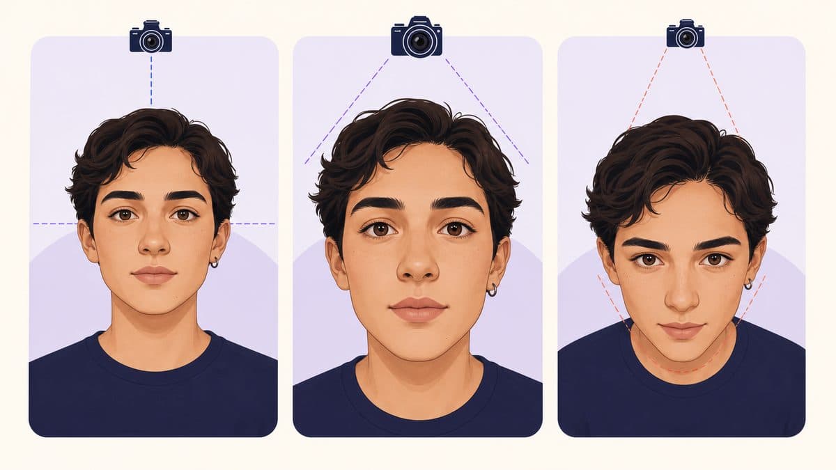 The same illustrated face shown from three camera positions
