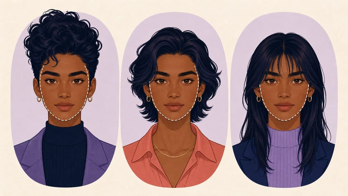 The same illustrated face shown with high volume, side layers, and a face-framing fringe